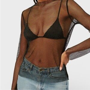 WeWoreWhat Black crystal Mesh Sheer mock neck